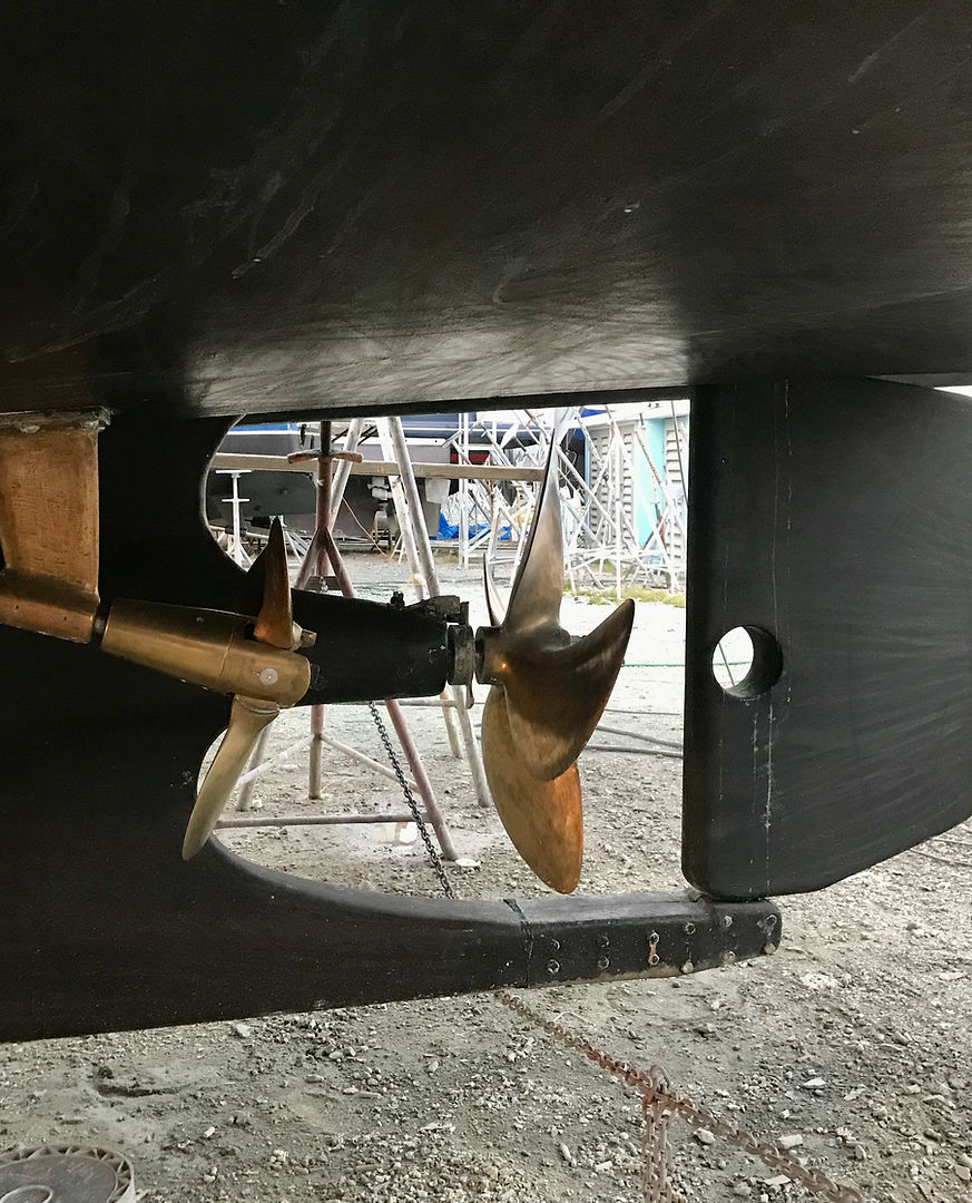 Nordhavn yacht propellers and rudder viewed from hull bottom