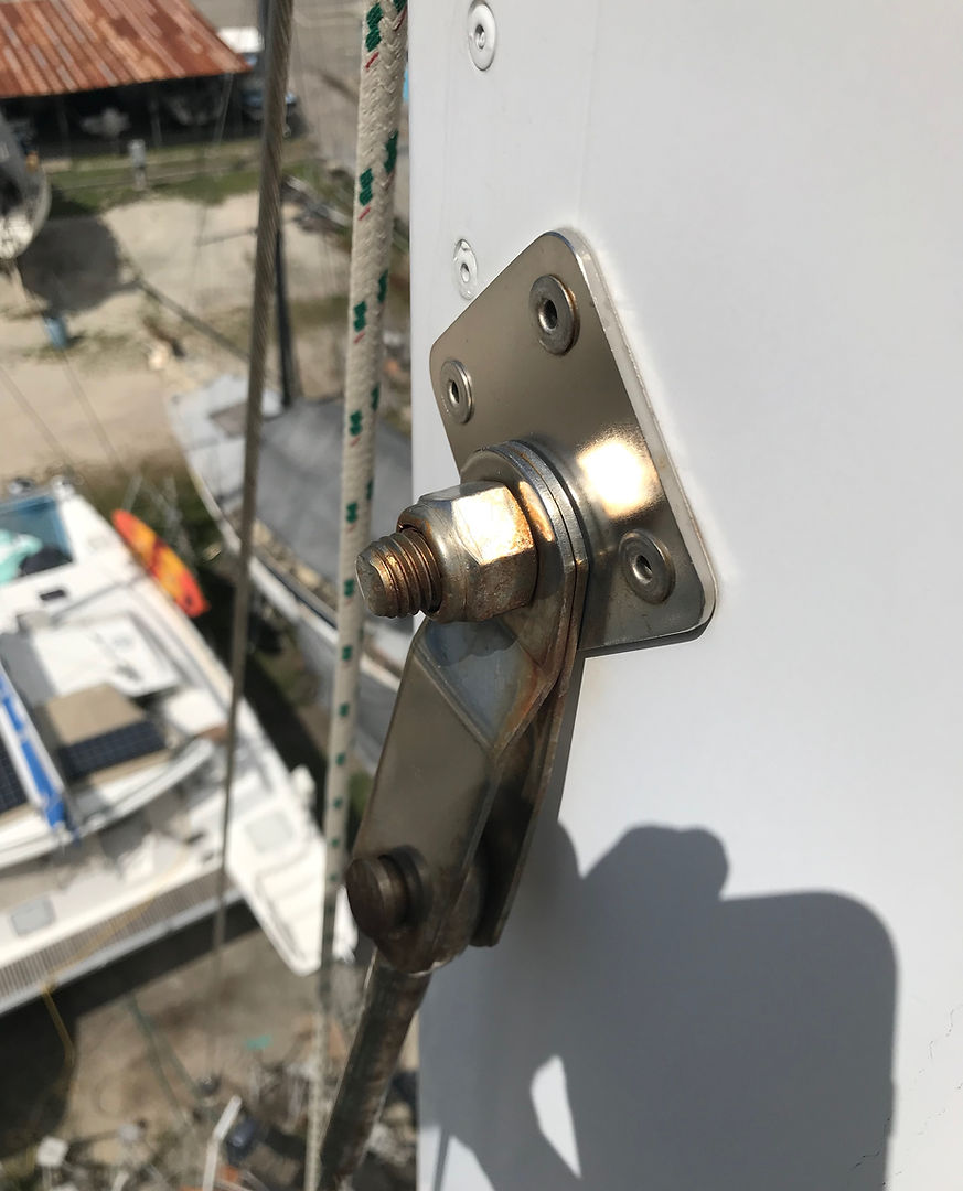Standing rigging inspection showing stainless steel tangs with very minor corrosion