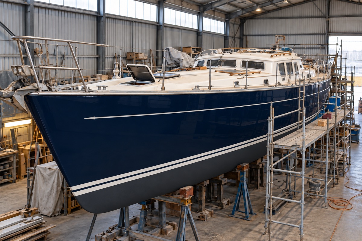Illustration of a bluewater yacht undergoing refit in a boatyard