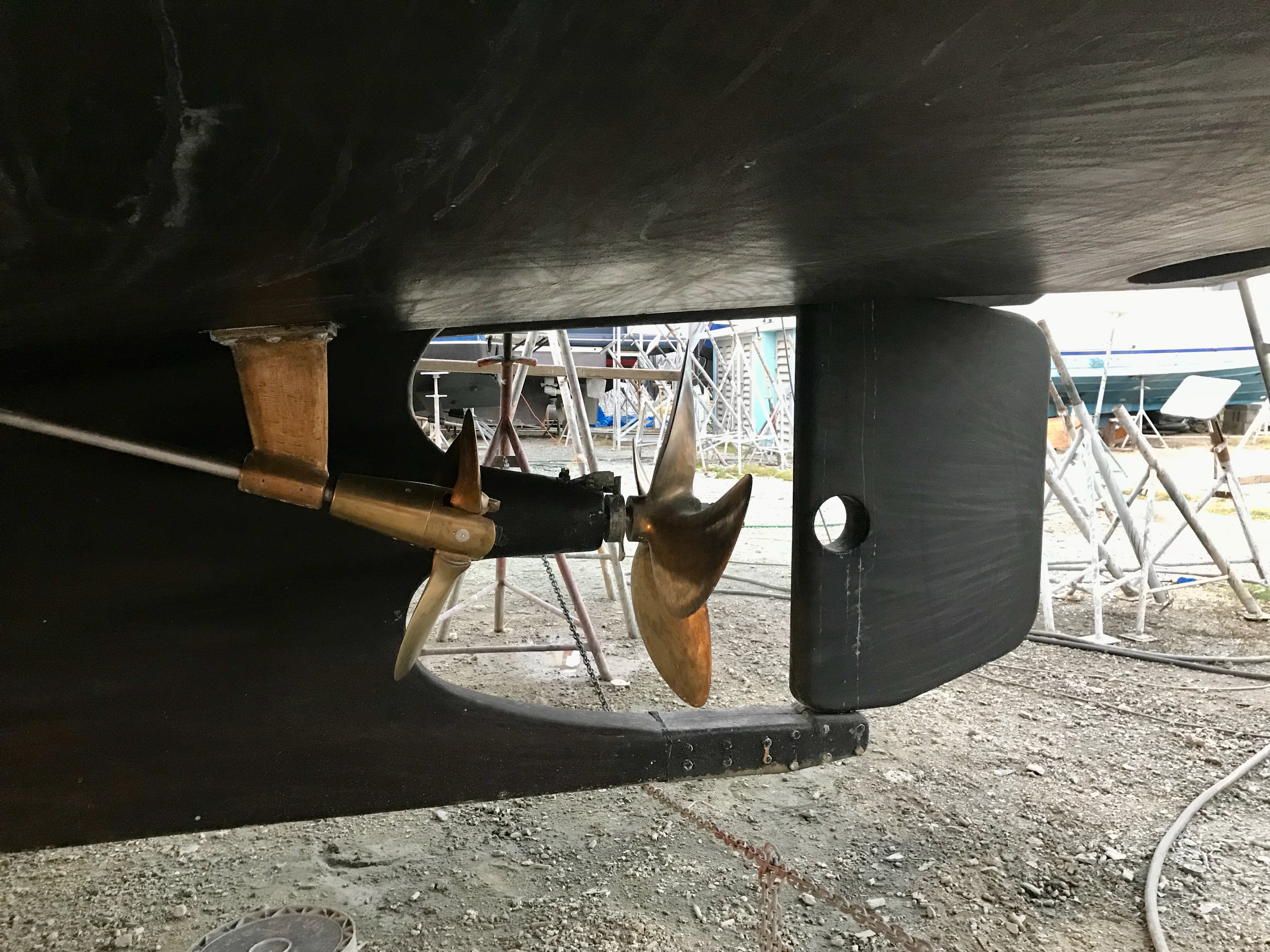 Northavn yacht propellers and rudder viewed from hull bottom